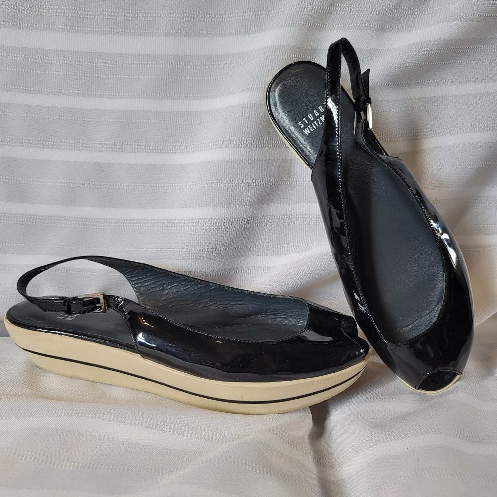 Stuart Weitzman Black Patent Leather Slingback Platform wedges Size 9 M
